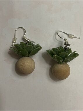 Green Succulent Wooden Bead Drop Earrings
